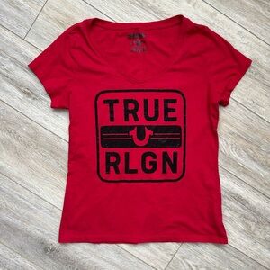 True Religion Womens Red V-Neck Graphic Tee Large